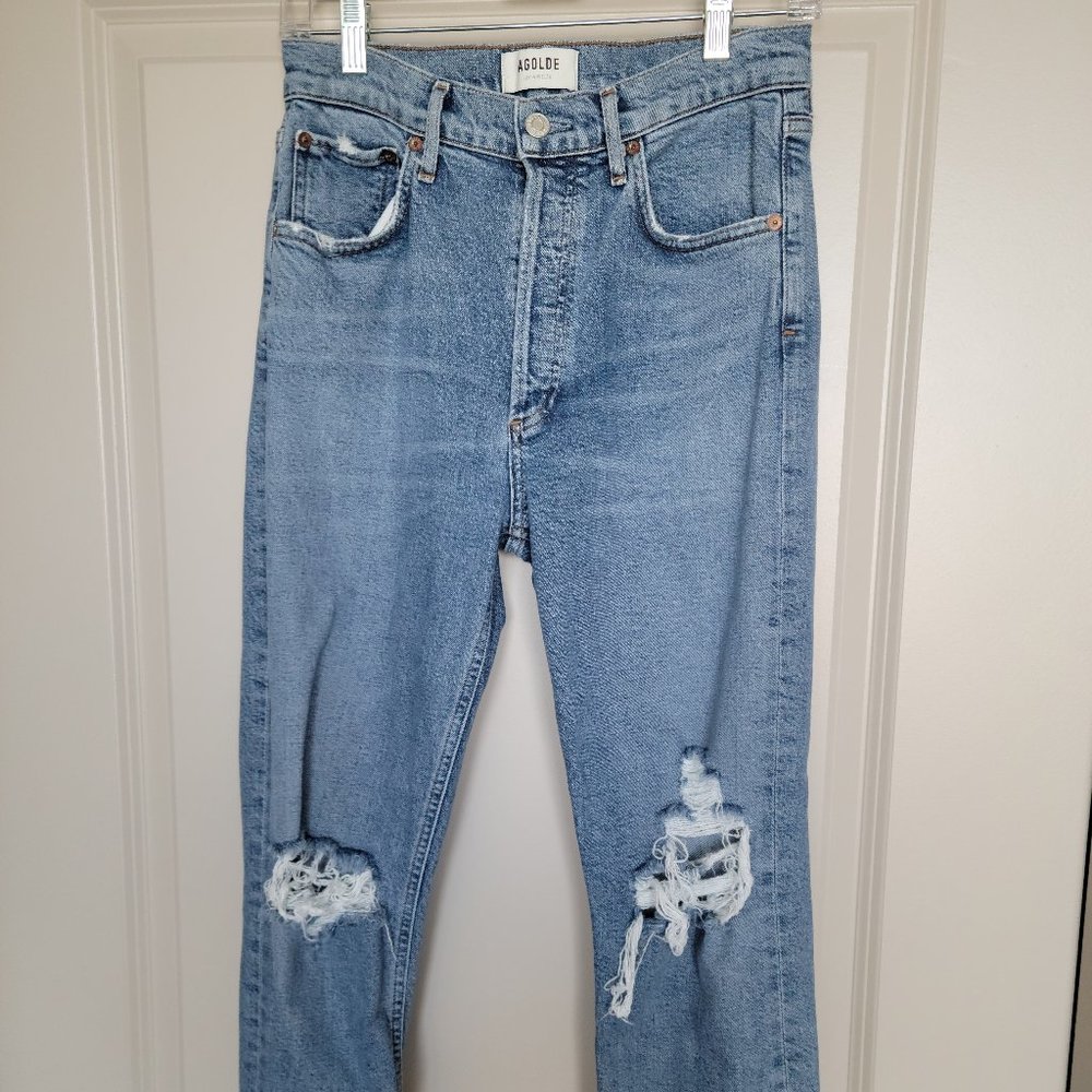 Agolde Riley High Waist Jeans, Destruction detail on the knees